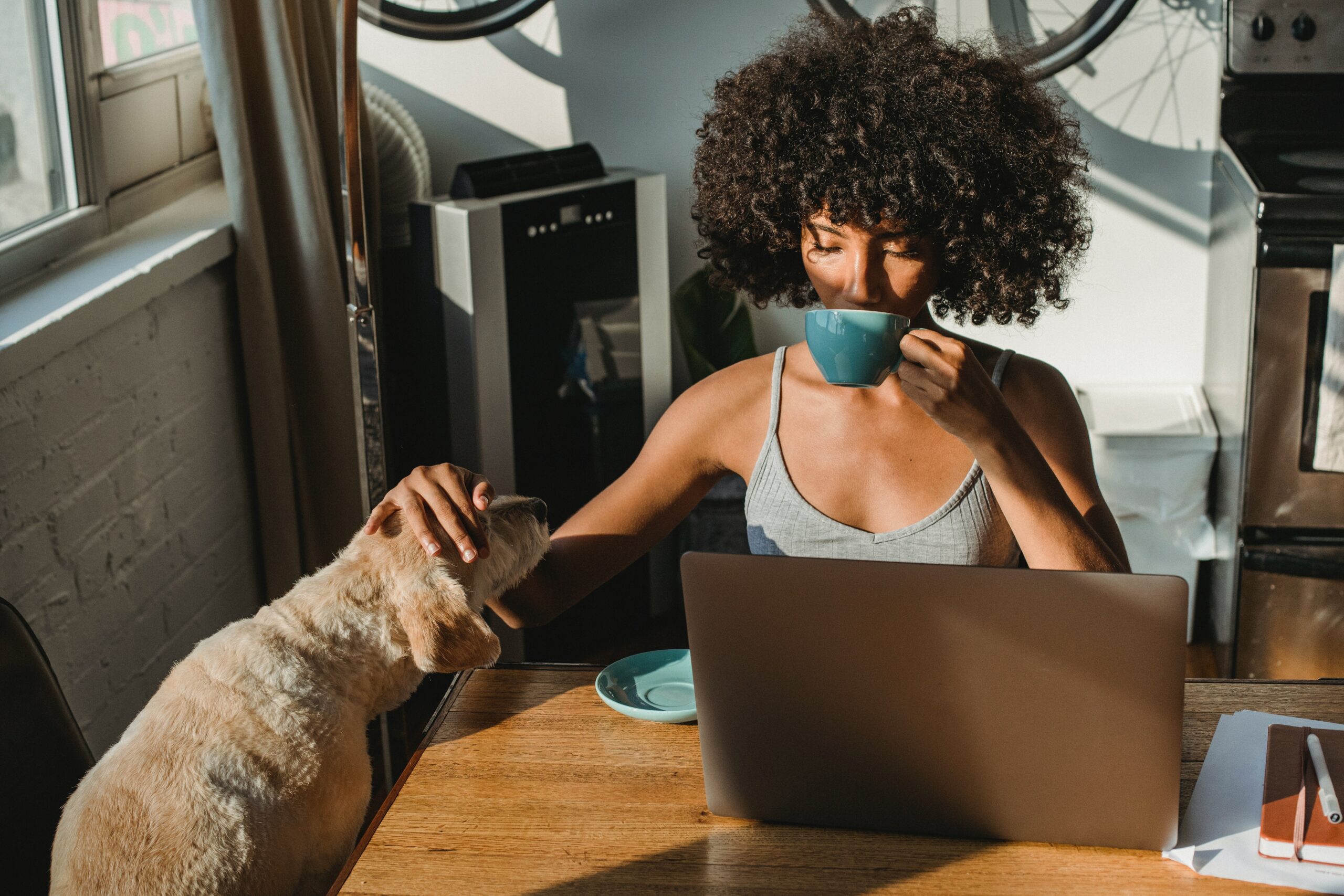 A girl sitting with her laptop in front of her, holding a cup and petting her dog by her side